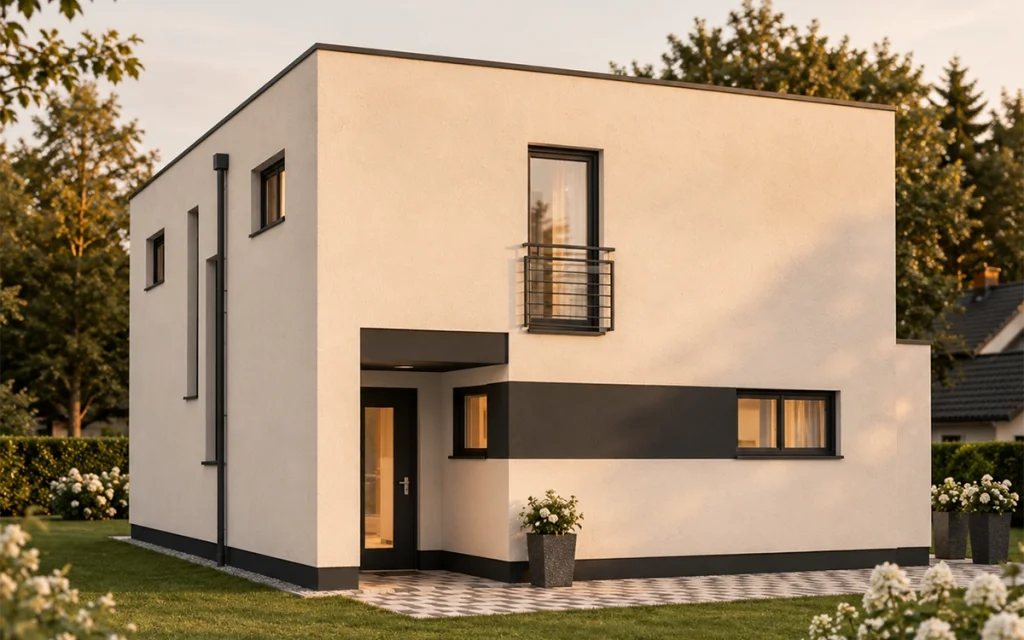 Kubisches Einfamilienhaus mit Flachdach, überdachtem Eingangsbereich und klarer Fassadengestaltung.