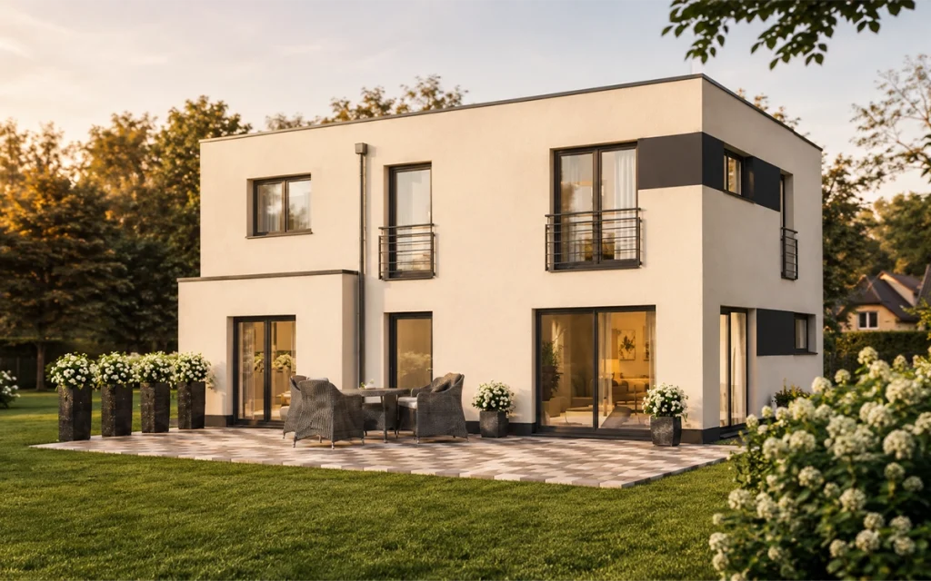 Zeitgemäßes Flachdachhaus mit bodentiefen Fenstern, Balkonbrüstungen und offener Terrassenfläche.