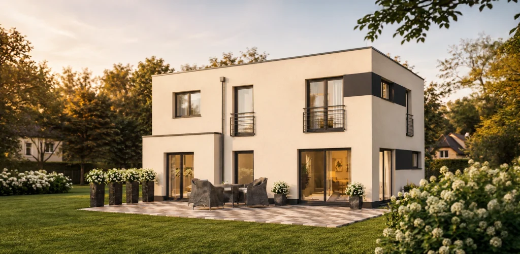 Moderne Stadtvilla mit Flachdach, großzügigen Fensterflächen und weitläufiger Terrasse.
