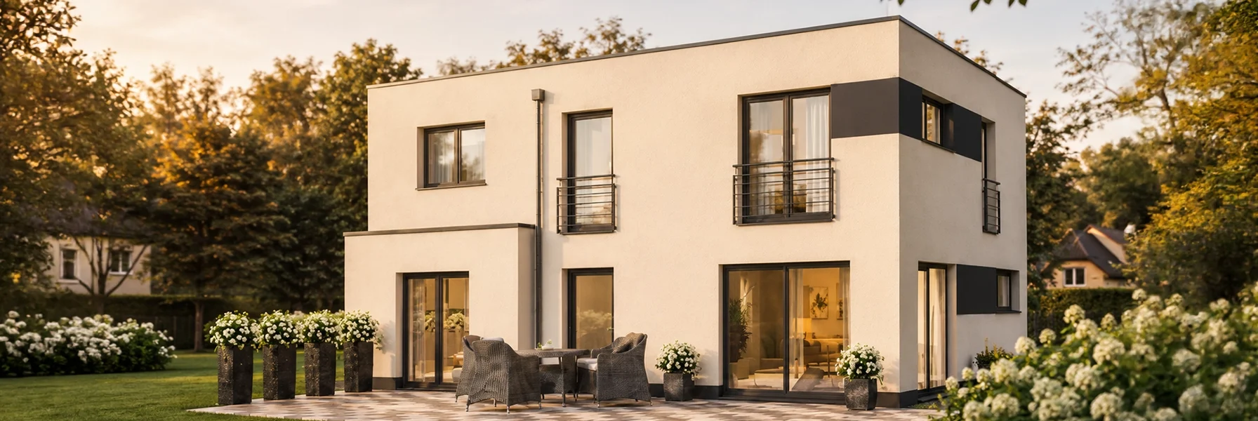 Moderne Stadtvilla mit Flachdach, großzügigen Fensterflächen und weitläufiger Terrasse.