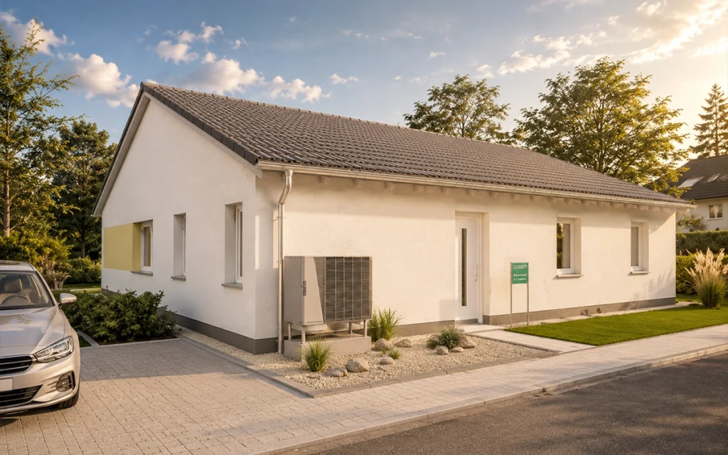 Simply Bungalow L von Büttner Massivhaus mit klassischem Satteldach, modernem Eingangsbereich und energieeffizienter Wärmepumpe.
