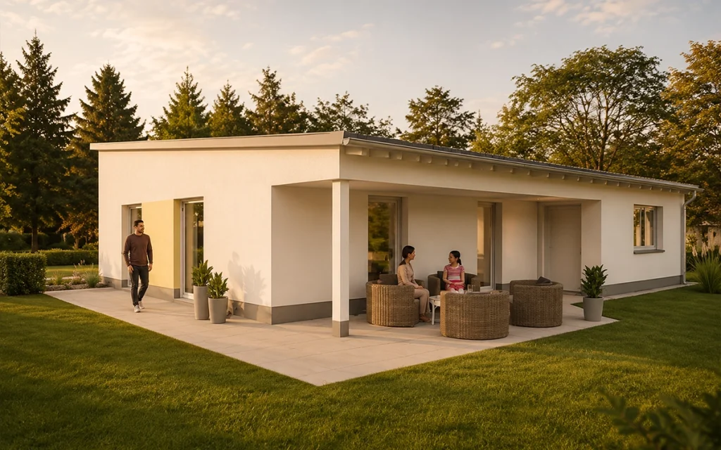 Moderner Bungalow mit überdachter Terrasse und großzügigem Garten – komfortables Wohnen auf einer Ebene im Simply Bungalow L.