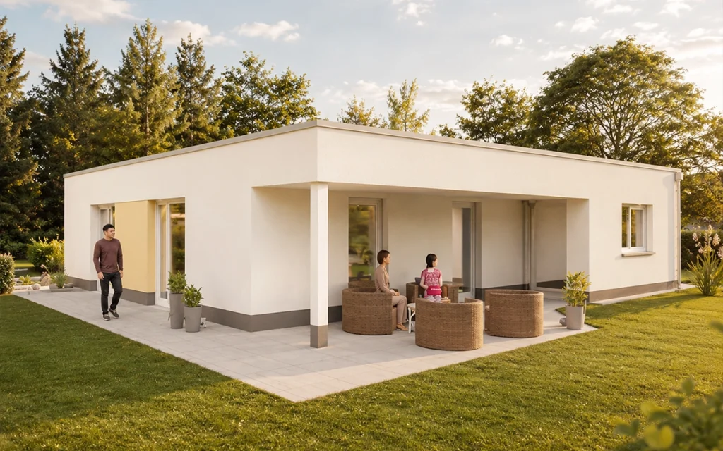 Simply Bungalow L mit Flachdach und geschützter Terrasse für barrierearmes Wohnen und entspannte Stunden im Freien.