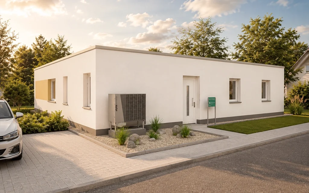 Moderner Flachdach-Bungalow von Büttner Massivhaus mit klarer Architektur, energieeffizienter Haustechnik und pflegeleichter Außenanlage.