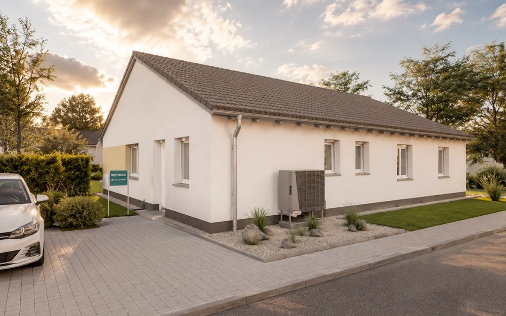 Simply Bungalow L mit klassischem Satteldach, energieeffizienter Wärmepumpe und barrierearmem Wohnkonzept auf einer Ebene.