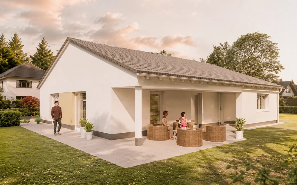 Moderner Bungalow mit überdachter Terrasse und gemütlichem Sitzbereich im Garten – ideal für entspanntes Wohnen auf einer Ebene.