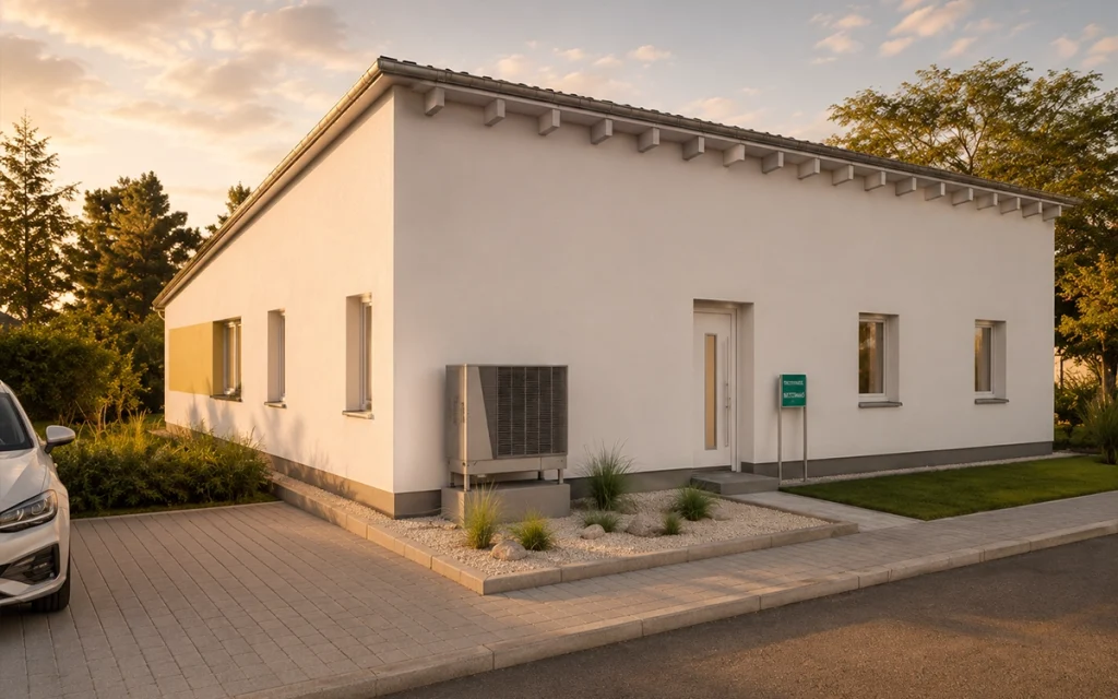 Simply Bungalow L von Büttner Massivhaus mit klarer Architektur, Wärmepumpe und pflegeleicht gestalteter Außenanlage.