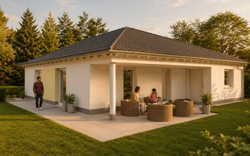 Bungalow mit Walmdach und geschützter Terrasse im Grünen – großzügiger Außenbereich für Familien und entspannte Stunden im Freien.