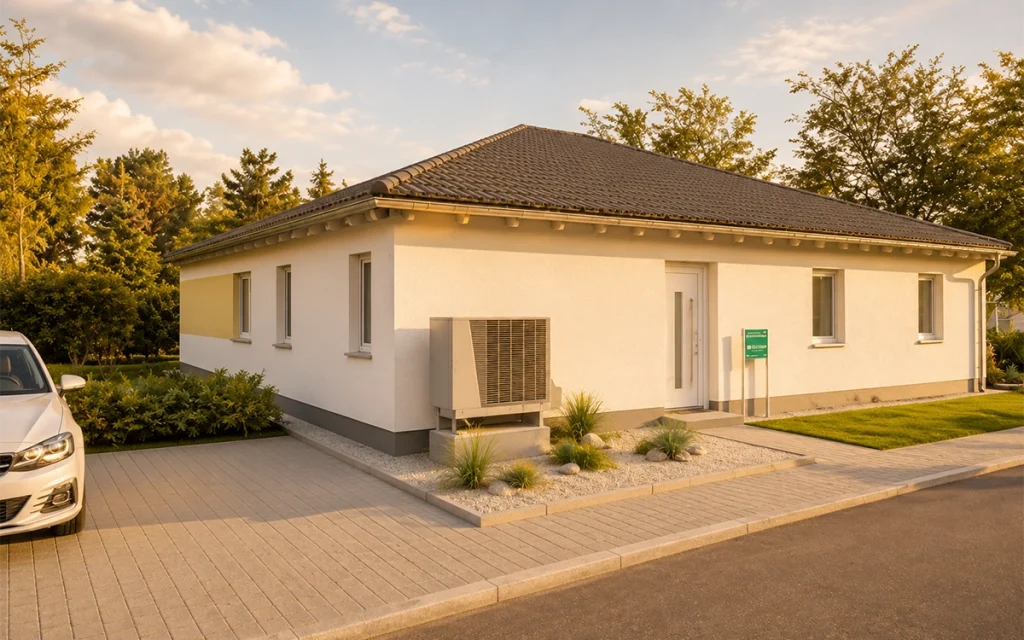 Simply Bungalow L mit Walmdach, modernem Eingangsbereich und energieeffizienter Haustechnik für komfortables Wohnen auf einer Ebene.