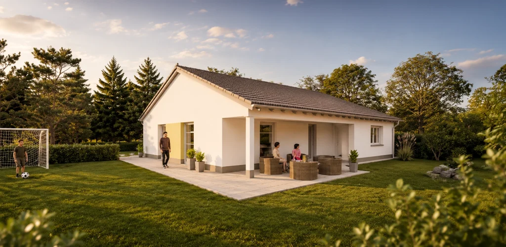 Modernes Simply Bungalow L von Büttner Massivhaus mit Walmdach, großer Terrasse und gepflegtem Garten in Abendstimmung.