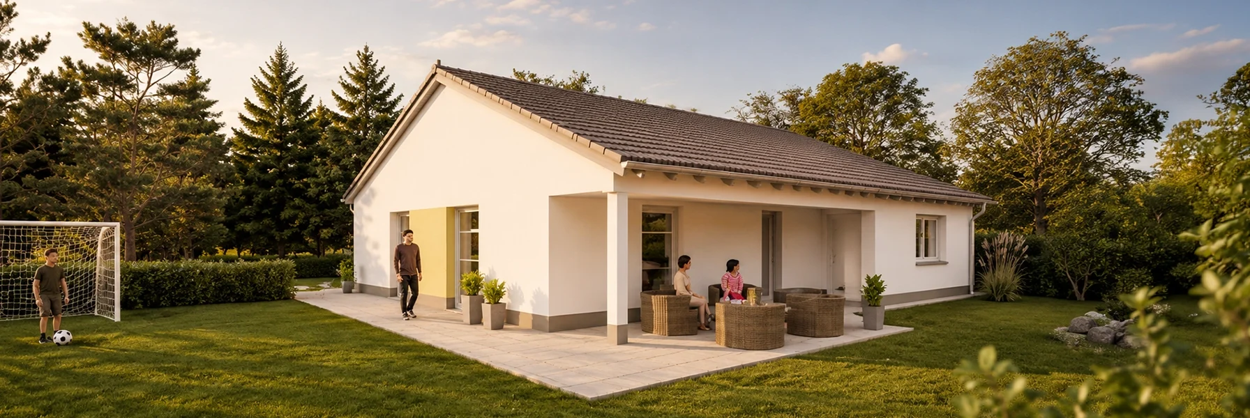 Modernes Simply Bungalow L von Büttner Massivhaus mit Walmdach, großer Terrasse und gepflegtem Garten in Abendstimmung.