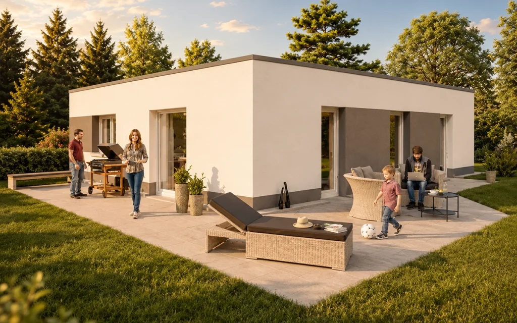 Sonnige Terrassenansicht eines modernen Flachdach-Bungalows mit gemütlichem Außenbereich.