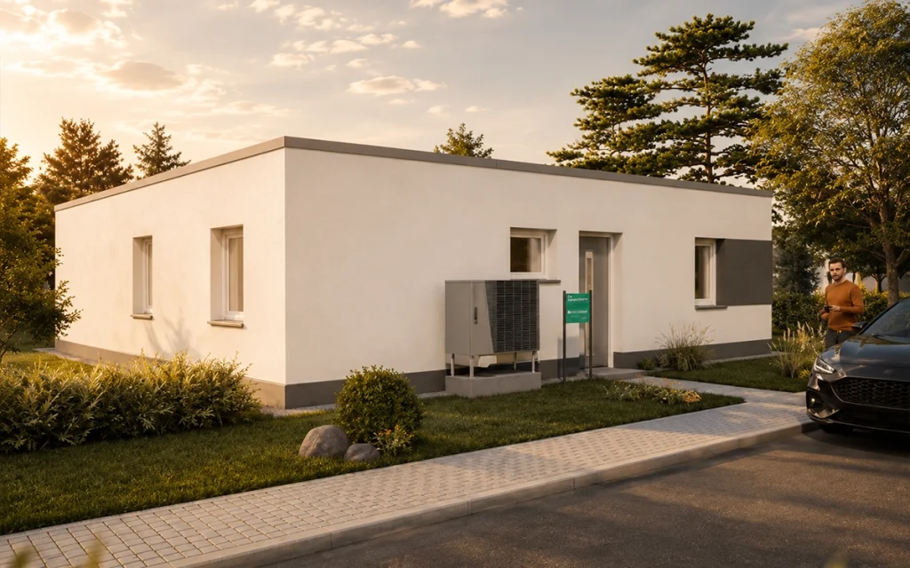 Frontansicht eines modernen Bungalows mit Flachdach, Wärmepumpe und gepflegtem Vorgarten.