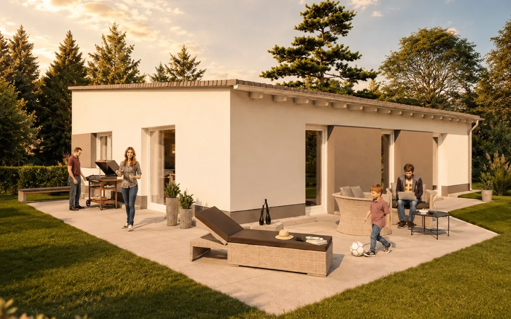 Moderner Bungalow mit Pultdach und großzügiger Terrasse in naturnaher Umgebung.