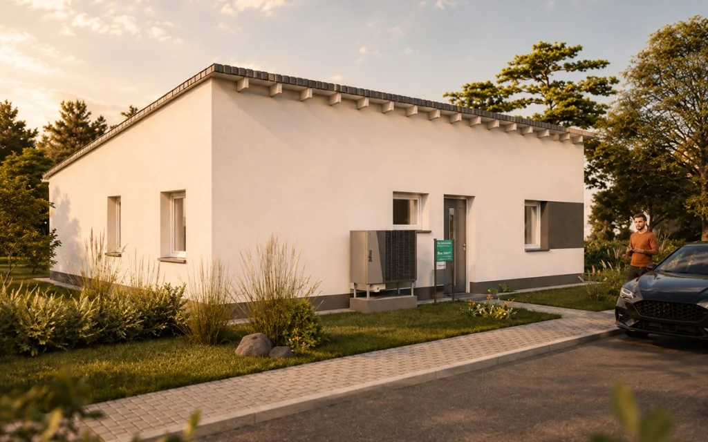 Straßenansicht eines modernen Pultdach-Bungalows mit energieeffizienter Haustechnik.