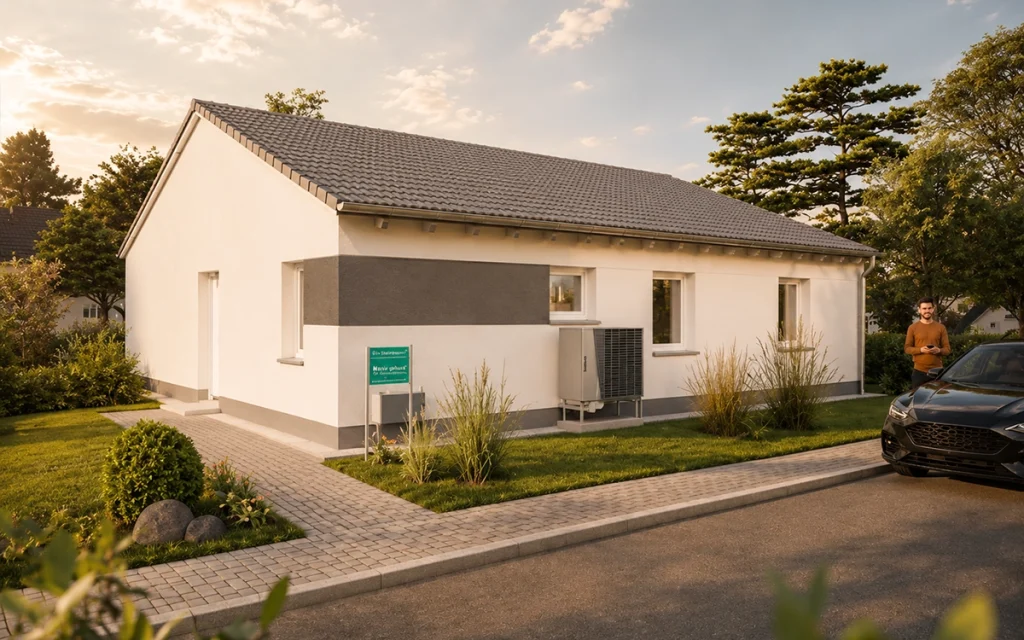 Frontansicht eines modernen Satteldach-Bungalows mit gepflegtem Eingangsbereich.