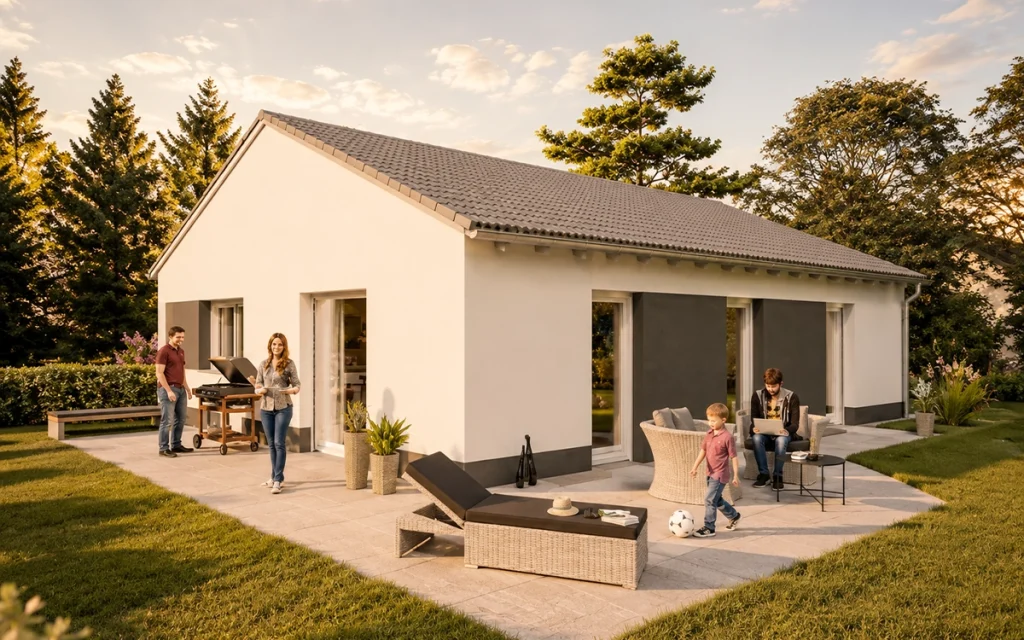 Moderner Bungalow mit Satteldach und einladender Terrasse für die ganze Familie.