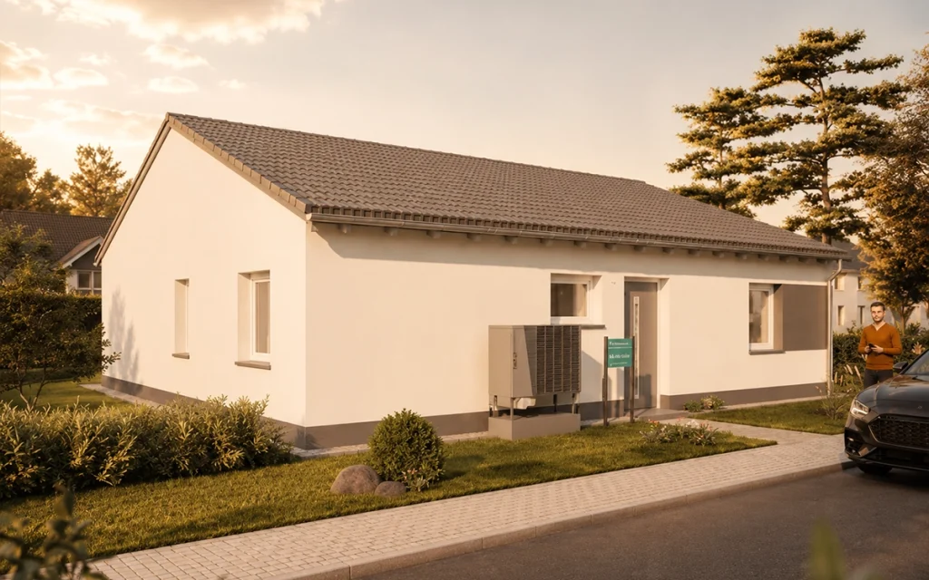 Frontansicht eines modernen Satteldach-Bungalows mit gepflegtem Eingangsbereich.