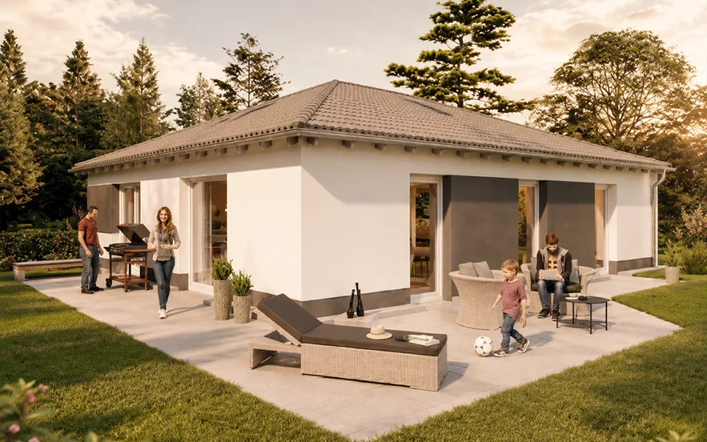 Moderner Bungalow mit Walmdach und großzügiger Terrasse im Grünen.