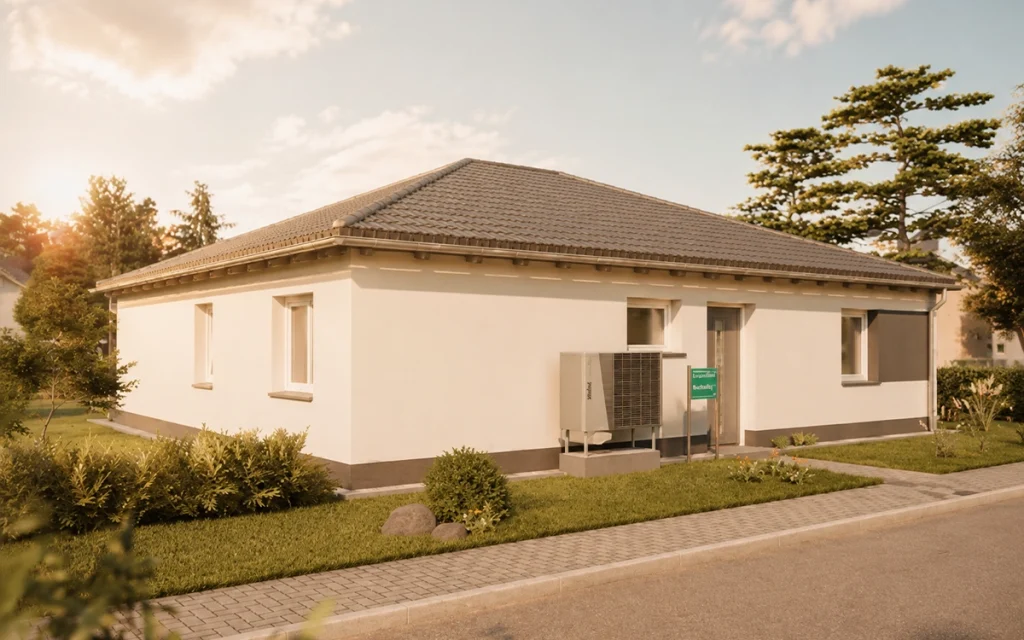 Straßenansicht eines modernen Walmdach-Bungalows mit Wärmepumpe und gepflegter Gartenanlage.