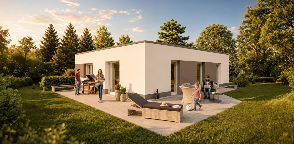 Moderner Bungalow mit Flachdach und großzügiger Terrasse für entspannte Familienmomente im Garten.