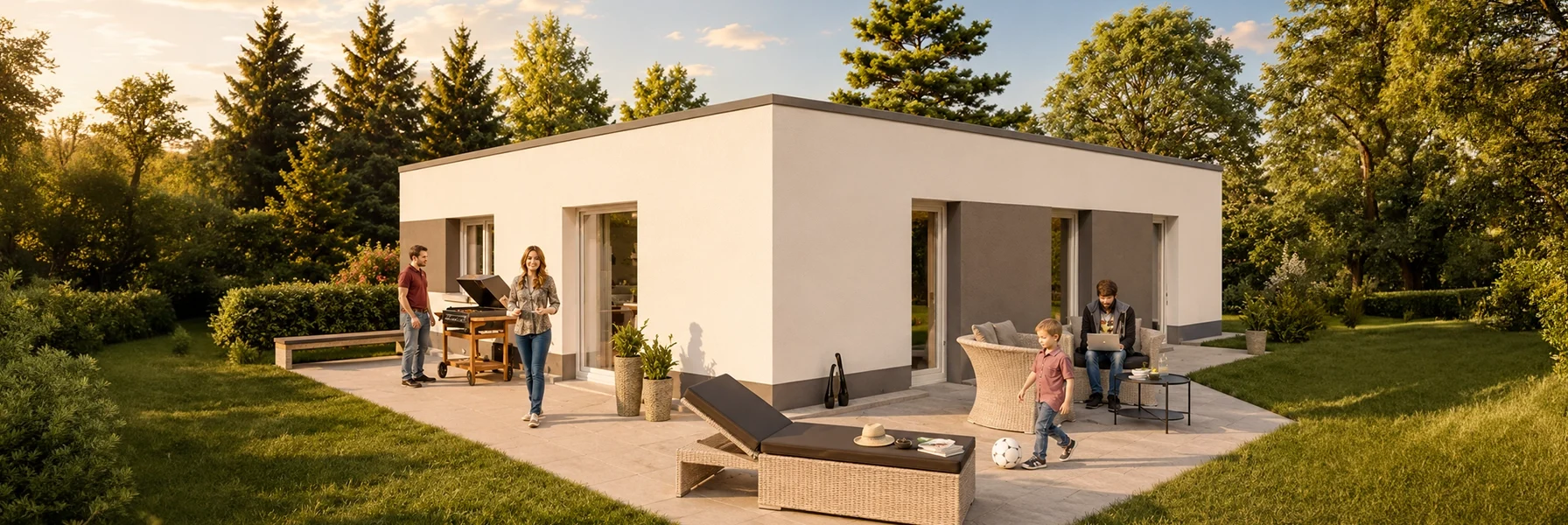 Moderner Bungalow mit Flachdach und großzügiger Terrasse für entspannte Familienmomente im Garten.