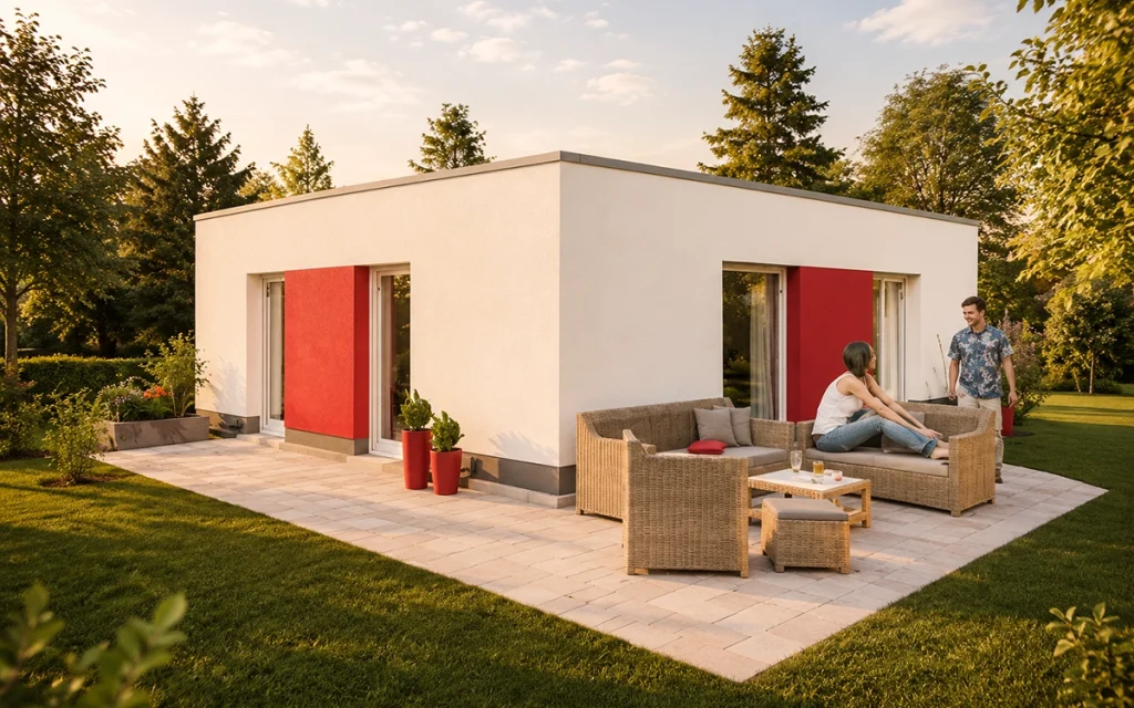 Moderner Bungalow mit Flachdach und gemütlicher Terrasse im Grünen.