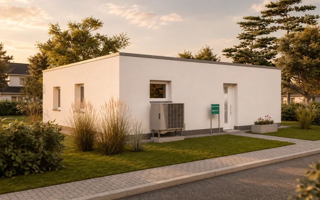 Rückansicht eines modernen Bungalows mit Flachdach und gepflegter Gartenanlage.