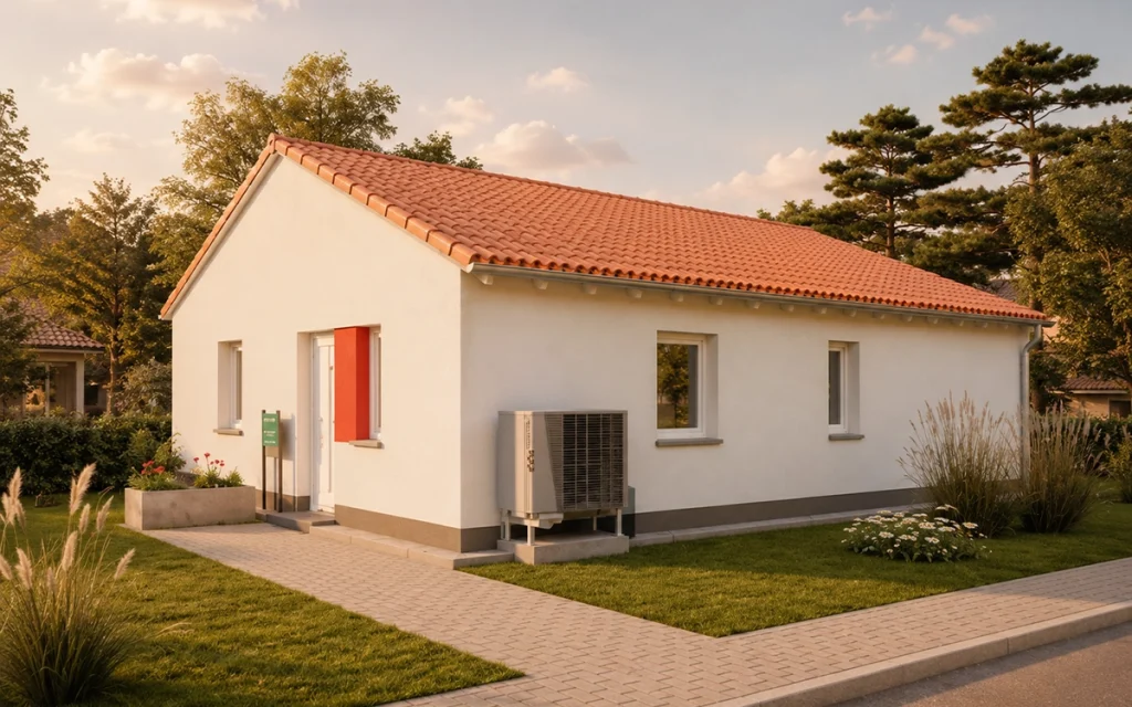 Moderner Bungalow mit Satteldach, Eingangsbereich und energieeffizienter Wärmepumpe.