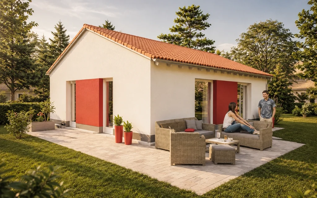 Sonnige Terrasse eines modernen Bungalows mit gemütlicher Lounge-Ecke.