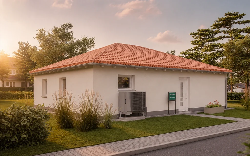 Straßenansicht eines modernen Bungalows mit Walmdach und gepflegter Vorgartengestaltung.
