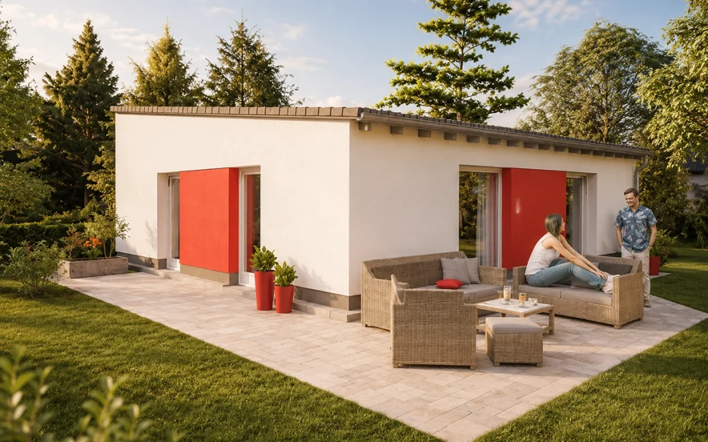 Moderner Bungalow mit Flachdach und großzügiger Terrasse in ruhiger Gartenlage.