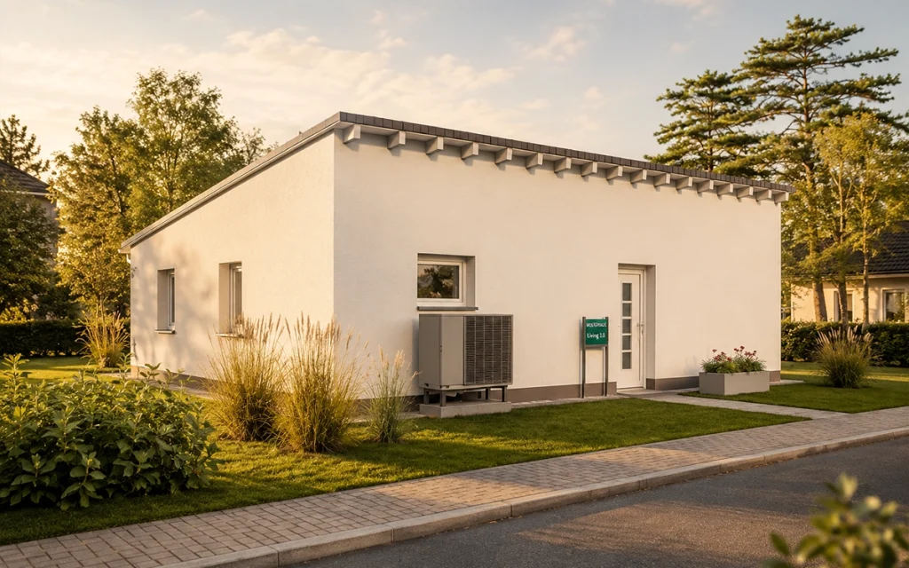 Frontansicht eines modernen Bungalows mit Flachdach und energieeffizienter Haustechnik.
