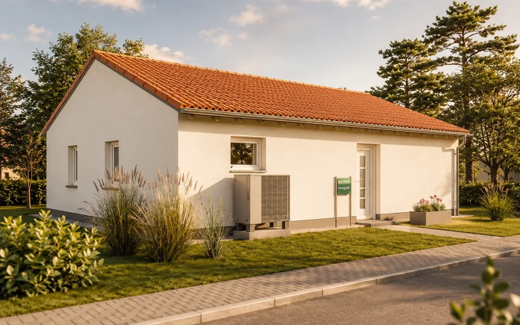 Moderner Bungalow mit Satteldach, Eingangsbereich und gepflegtem Vorgarten.