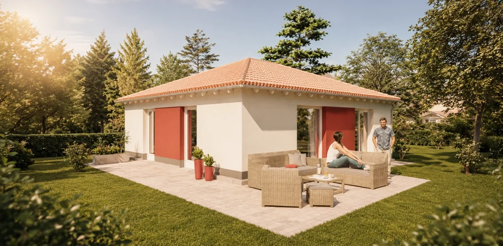 Moderner Bungalow mit Walmdach und großzügiger Terrasse in sonniger Gartenlage.