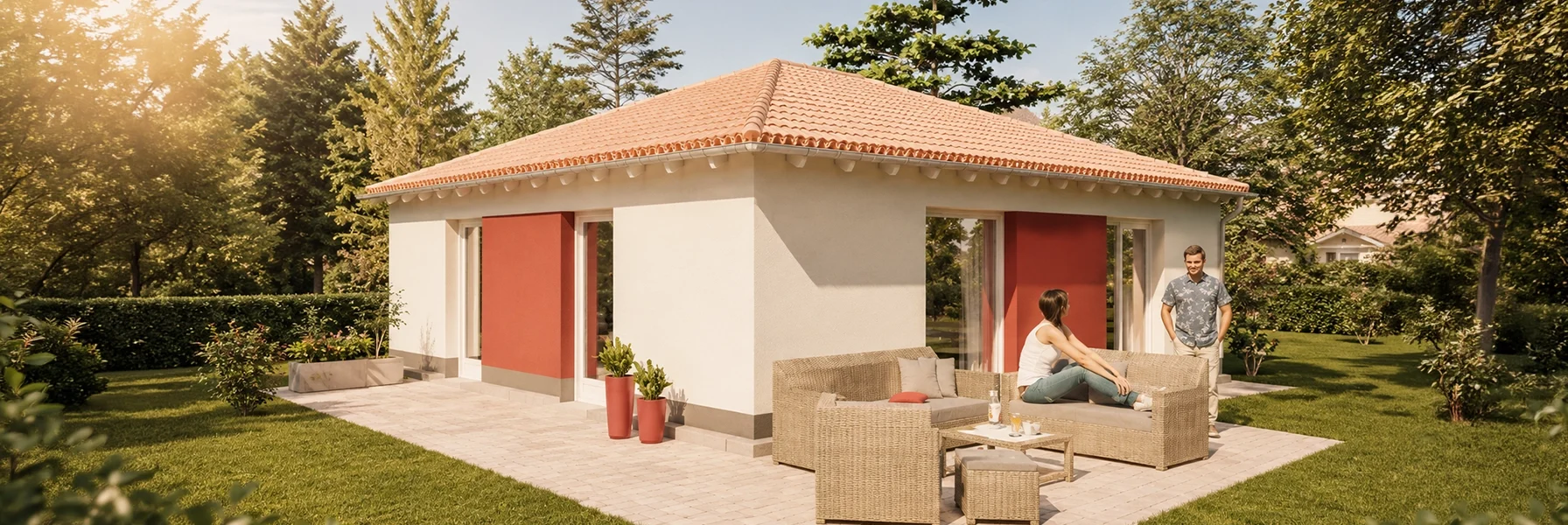 Moderner Bungalow mit Walmdach und großzügiger Terrasse in sonniger Gartenlage.