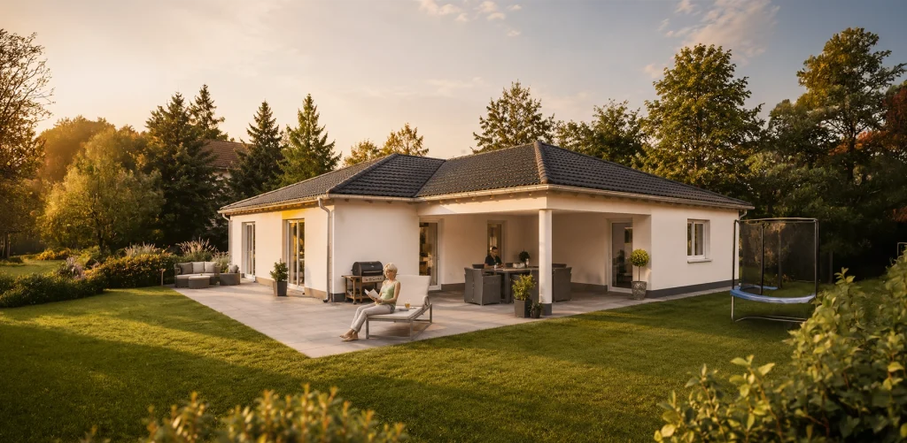Die weit auskragende Walmdacharchitektur verleiht dem Bungalow eine elegante, ausgewogene Erscheinung und unterstreicht den repräsentativen Charakter des Hauses.