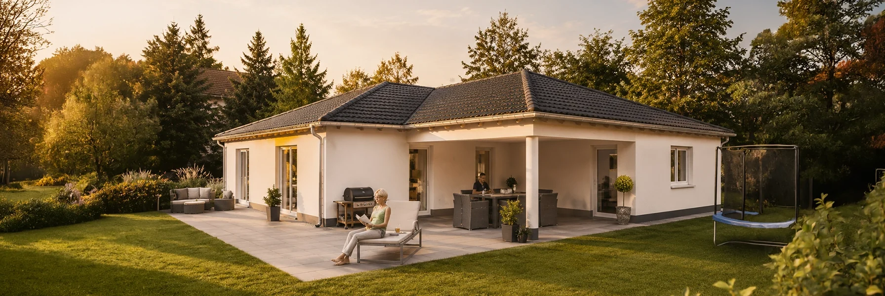 Die weit auskragende Walmdacharchitektur verleiht dem Bungalow eine elegante, ausgewogene Erscheinung und unterstreicht den repräsentativen Charakter des Hauses.