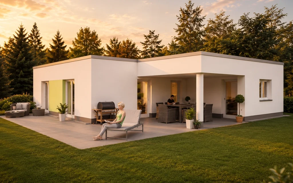 Die klare Kubatur und das moderne Flachdach prägen eine zeitgemäße Architektur mit puristischer Formensprache.