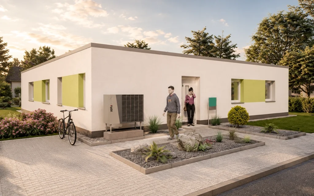 Großzügige Fassadenflächen, präzise Fensteröffnungen und die geradlinige Bauweise betonen den modernen Architekturstil des Bungalows.