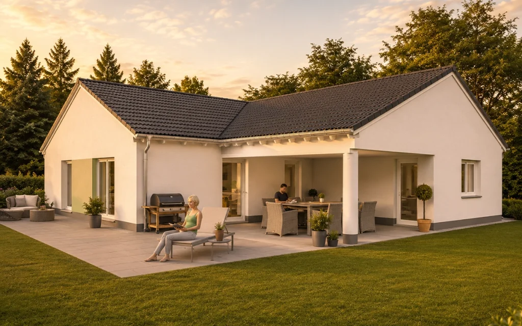 Die harmonische Dachform und die überdachte Terrasse schaffen eine einladende Architektur mit hohem Wohn- und Aufenthaltswert.