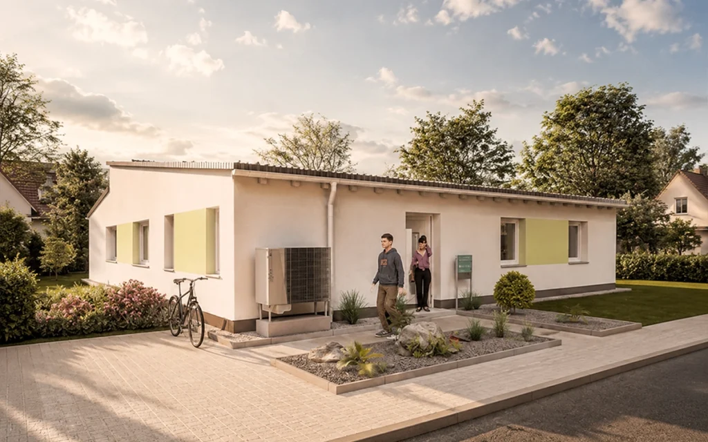 Das markante Pultdach verleiht dem Bungalow eine moderne Silhouette und sorgt für eine unverwechselbare architektonische Ausstrahlung.