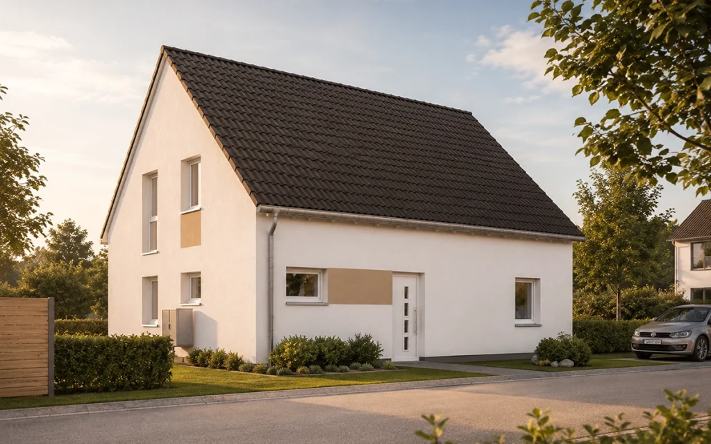 Die schlichte Formensprache mit markantem Giebel und ausgewogenen Fensterformaten sorgt für ein harmonisches Gesamtbild.