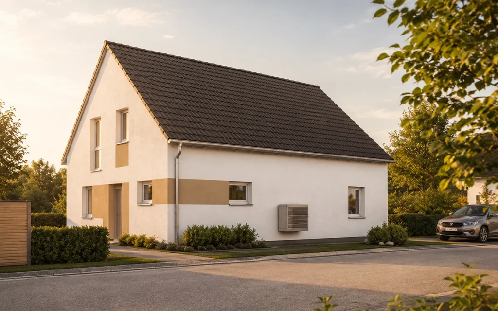 Horizontale Fassadenakzente und die klare Gebäudekubatur unterstreichen den modernen Charakter des klassischen Satteldachhauses.