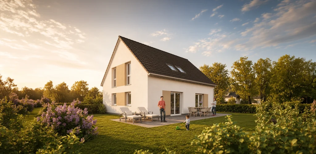 Das großzügige Satteldach und die klar strukturierte Fassadengestaltung verleihen dem Haus eine zeitlose und familienfreundliche Architektur.