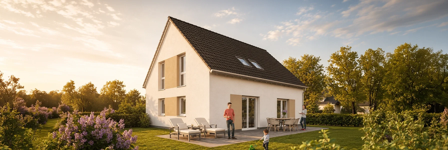 Das großzügige Satteldach und die klar strukturierte Fassadengestaltung verleihen dem Haus eine zeitlose und familienfreundliche Architektur.