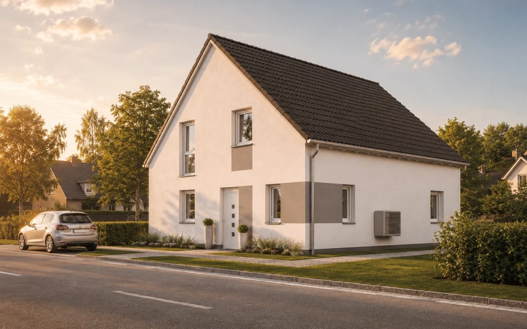 Die harmonisch gegliederte Fassade und die ausgewogenen Proportionen verleihen dem Haus eine zeitlose und einladende Ausstrahlung.