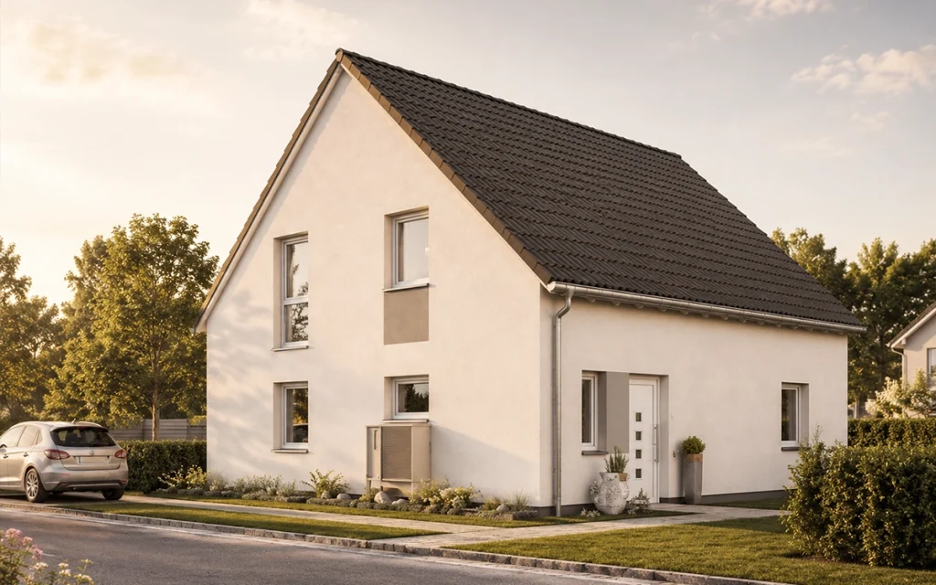 Das traditionelle Satteldach und die reduzierte Fassadengestaltung schaffen eine Architektur, die Beständigkeit und moderne Schlichtheit vereint.