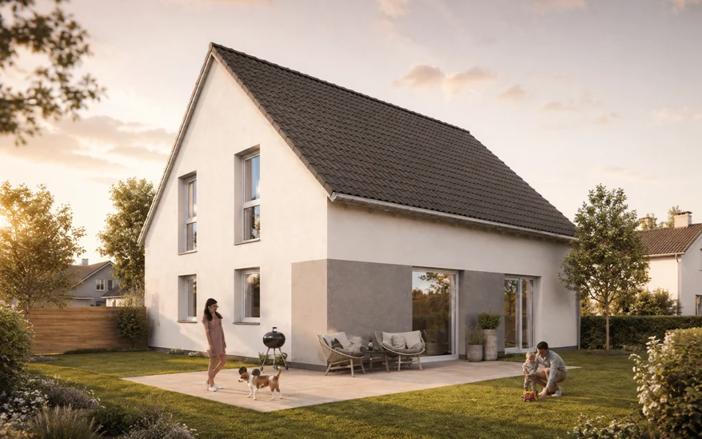 Große Terrassenfenster und die geradlinige Formensprache sorgen für eine helle, offene Architektur mit fließendem Übergang zum Außenbereich.