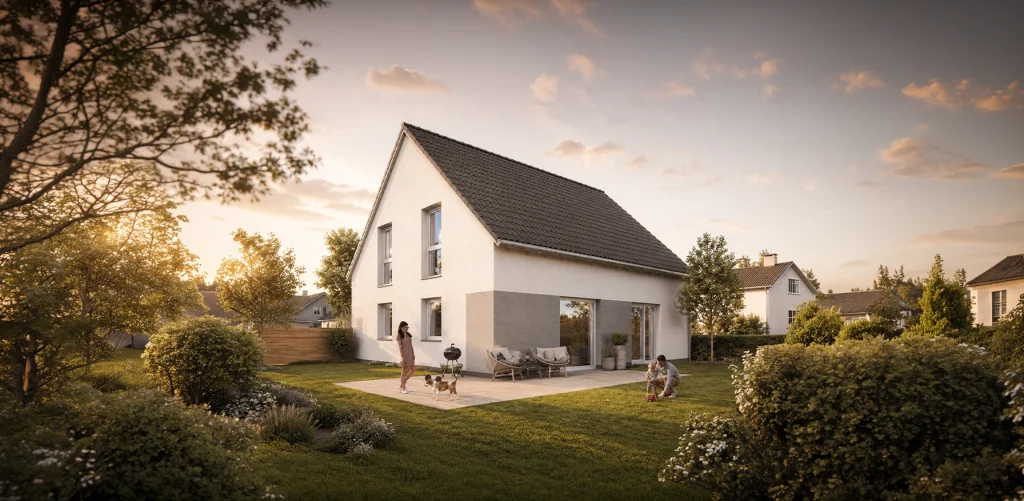 Die klare Kubatur mit klassischem Satteldach und großzügigen Fensterflächen verbindet zeitlose Architektur mit modernem Wohnkomfort.